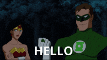 wonder woman and green lantern are standing next to each other with the words hello written in white