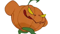 a cartoon drawing of an angry pumpkin with a green stem