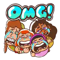a group of girls are crying with the word omg behind them