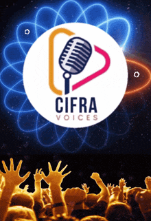 a poster for cifra voices shows a crowd of people raising their hands in the air