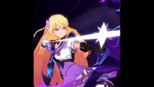 a girl with long blonde hair is holding a sword in a video game
