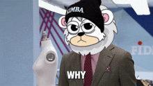 a cartoon bear wearing a suit and tie is asking why