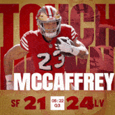 an advertisement for mccaffrey shows him running with the ball