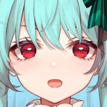 a close up of a anime girl 's face with blue hair and red eyes