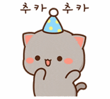 a cartoon cat wearing a blue party hat with yellow polka dots on it .