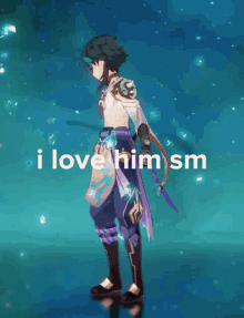 a cartoon character with the words i love him sm written above him