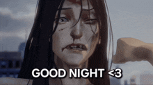 a woman with blood on her face and the words good night < 3 below her
