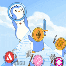 a penguin holding a coin with the letter p on it is surrounded by other penguins holding coins