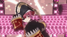a pirate girl is standing in front of a pink background that says twitter hashtag on it