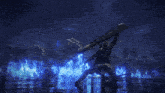 a video game character is holding a sword in front of a blue fire