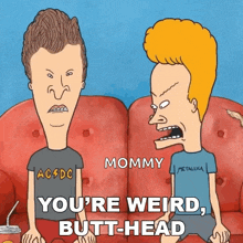 beavis and butthead are sitting on a red couch talking