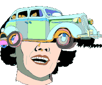 a cartoon of a woman wearing a helmet with a car on it