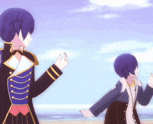 a couple of anime characters standing on a beach