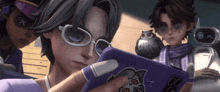 a group of cartoon characters are looking at a phone that says morrigan