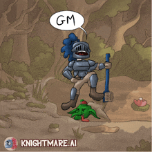 a cartoon of a knight with a speech bubble that says gm on it