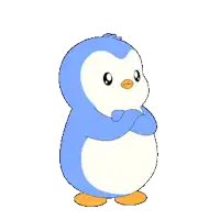 a blue and white penguin with a yellow beak looks at the camera