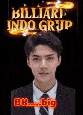 a man in a suit and tie stands in front of a billiard indo grup sign