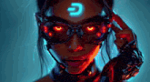 a woman wearing futuristic glasses has a glowing letter c on her forehead