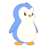 a blue and white penguin with orange feet and a red beak