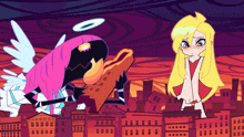 a cartoon drawing of a girl standing next to a monster