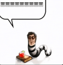 a cartoon worm is sitting on a book next to an apple and a speech bubble
