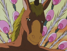 a cartoon drawing of a horse with a green mane