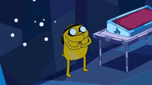 a cartoon character is standing next to a table with a red blanket on it