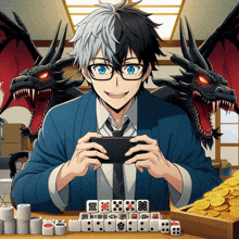 a man is playing a game of mahjong with dragons in the background