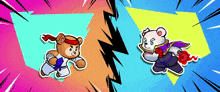 two teddy bears are fighting each other in a comic book style
