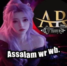 a picture of a girl with purple hair and the words assalamu wr wb.