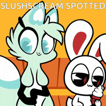a cartoon drawing of a cat and a rabbit with the words slushscream spotted above them