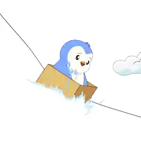 a penguin is sitting in a cardboard box with a cloud above it