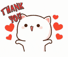 a cartoon cat is saying thank you with hearts surrounding it .