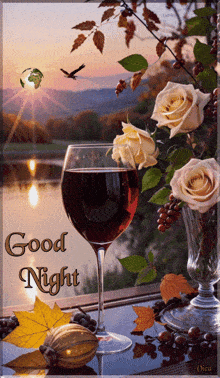 a good night greeting card with a glass of wine and flowers