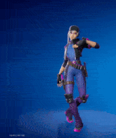 a woman in a purple outfit is standing on a blue background