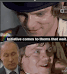 a man in a hat is smiling next to another man