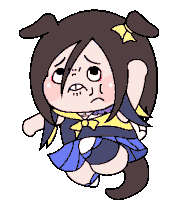 a pixel art drawing of a girl with a dog 's head and ears and a sad face .