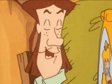 a cartoon character with brown hair and freckles is smiling and looking at something
