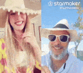 a woman wearing a hat and sunglasses next to a man wearing sunglasses and a hat