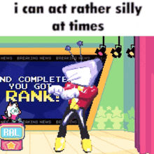 a cartoon character is standing in front of a sign that says ' i can act rather silly at times '