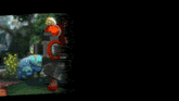 a video game scene with a character holding a shield that says ' i ' on it