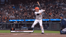 a baseball player named wade meckler is getting ready to bat