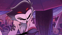 a cartoon character with a beard and red eyes has the letter s on his chest