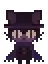 a pixel art drawing of a person wearing a top hat and scarf .