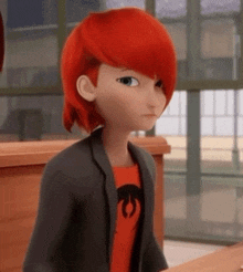 a cartoon character with red hair and a gray jacket is standing in front of a window .