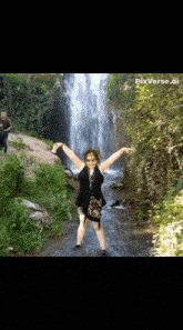 a woman standing in front of a waterfall with pixverse.ai written on the bottom right