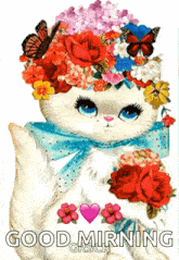 a cat with flowers on its head is holding a bouquet of flowers