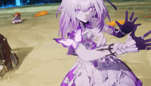 a girl in a purple dress with a butterfly on her shoulder