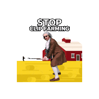 a man in a brown coat is holding a sword in front of a red barn with the words stop clip farming below him