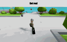 a cartoon character is riding a skateboard in a video game and the words got real are above him